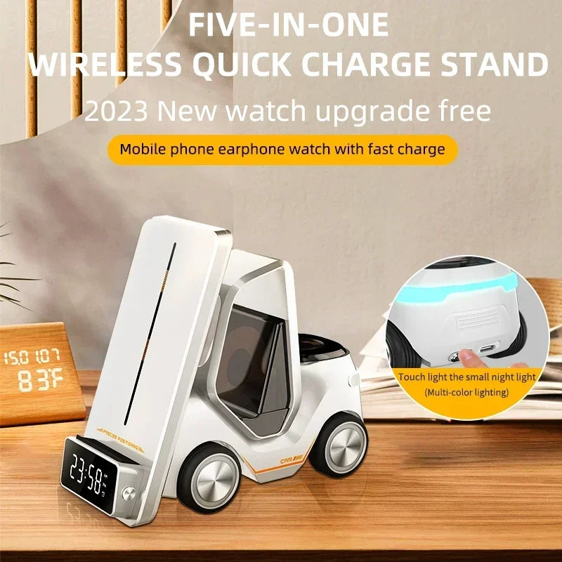 5 In 1 Phone Holder Wireless Chaarger Stand Alarm Clock For IPhone 16 15 14 Pro Max iWatch8 7 6 5 Airpods Fast Charging Station