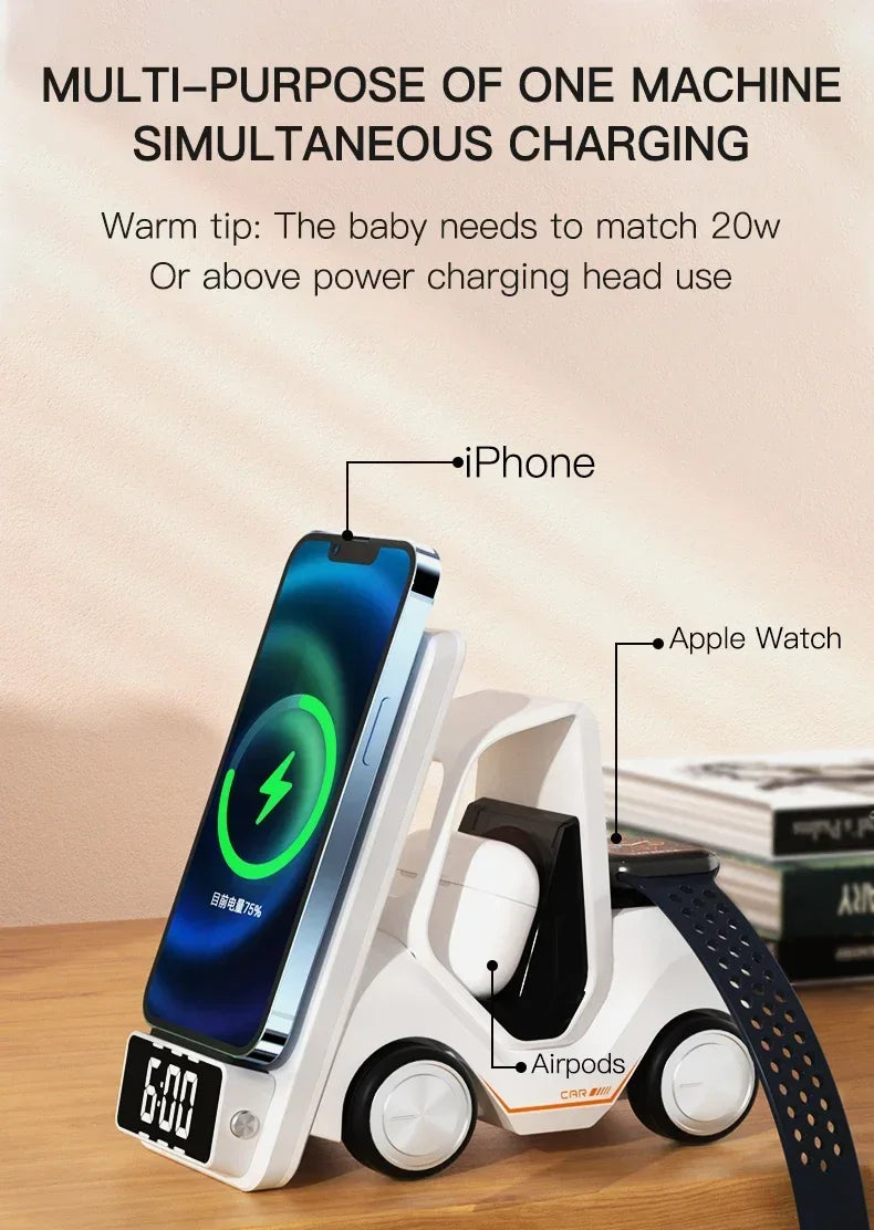 5 In 1 Phone Holder Wireless Chaarger Stand Alarm Clock For IPhone 16 15 14 Pro Max iWatch8 7 6 5 Airpods Fast Charging Station