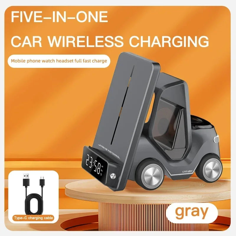 5 In 1 Phone Holder Wireless Chaarger Stand Alarm Clock For IPhone 16 15 14 Pro Max iWatch8 7 6 5 Airpods Fast Charging Station